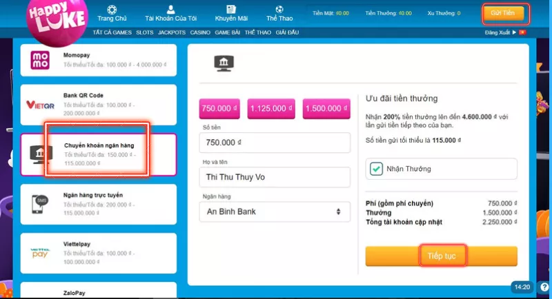 người chơi chọn chuyển khoản ngân hàng