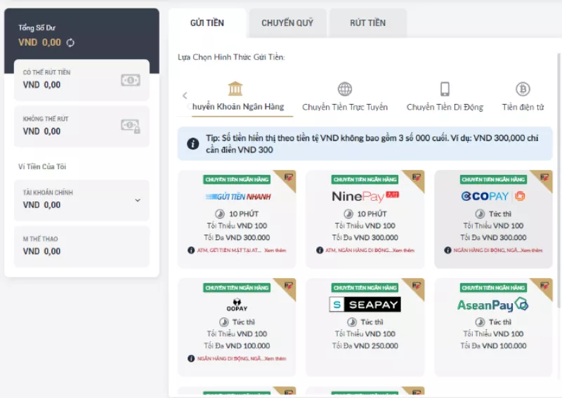 chọn phương thức nạp tiền m88 qua chuyển khoản ngân hàng
