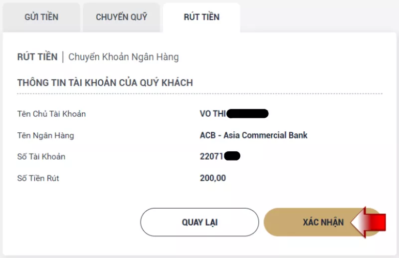 xác nhận tài khoản ngân hàng rút tiền trên m88