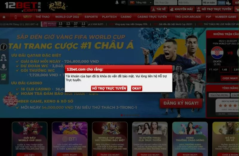 nhà cái thông báo tài khoản 12bet bị khóa