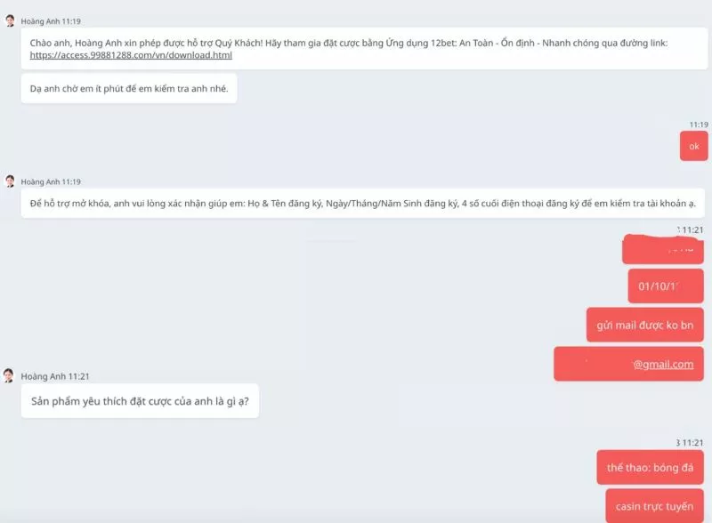 xác nhận thông tin cá nhân đã cung cấp cho 12bet