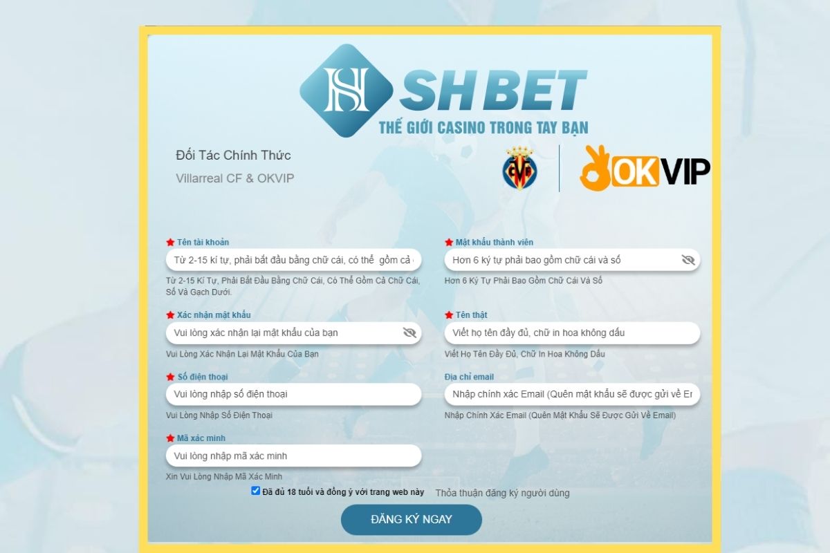 Điền thông tin đăng ksy Shbet