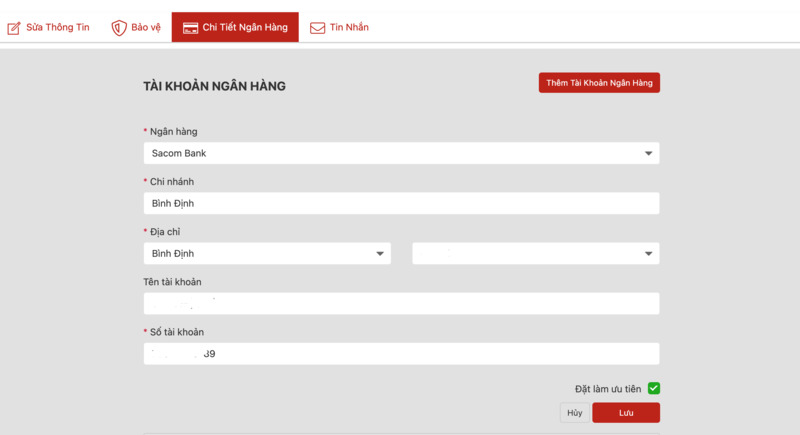 Điền thông tin tài khoản ngân hàng